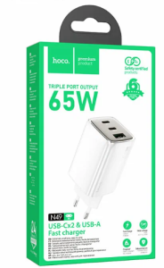 Адаптер сетевой HOCO N49 USB-C x2 + USB-A 65w белый (white)