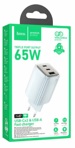 Адаптер сетевой HOCO N49 USB-C x2 + USB-A 65w синий (blue)