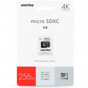 Карта памяти Micro SD 256 Gb Smart Buy+SD адаптер U3