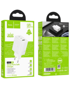 Адаптер сетевой HOCO N50 USB-C x2 + USB-A 45w белый (white)