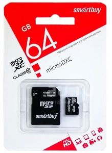 Карта памяти Micro SD 64Gb Smart Buy +SD адаптер (10 класс)
